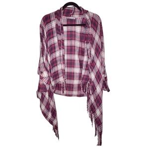 Addie Western Style Plaid Fringe Shawl Long Sleeve Cover Up